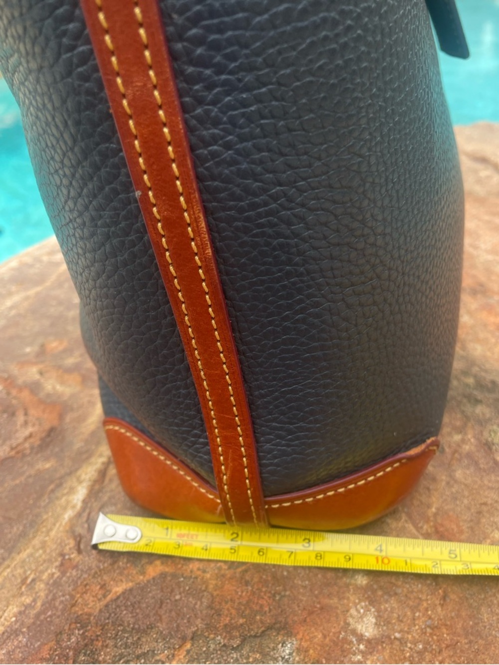 Dooney & Bourke Navy Pebble Grain Leather Tote British Tan Trim and Straps (CSR) - Picture 7 of 15